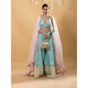MONK & MEI Nitya Brocade Sharara with Blouse & Dupatta-Powder Blue (Set of 3)