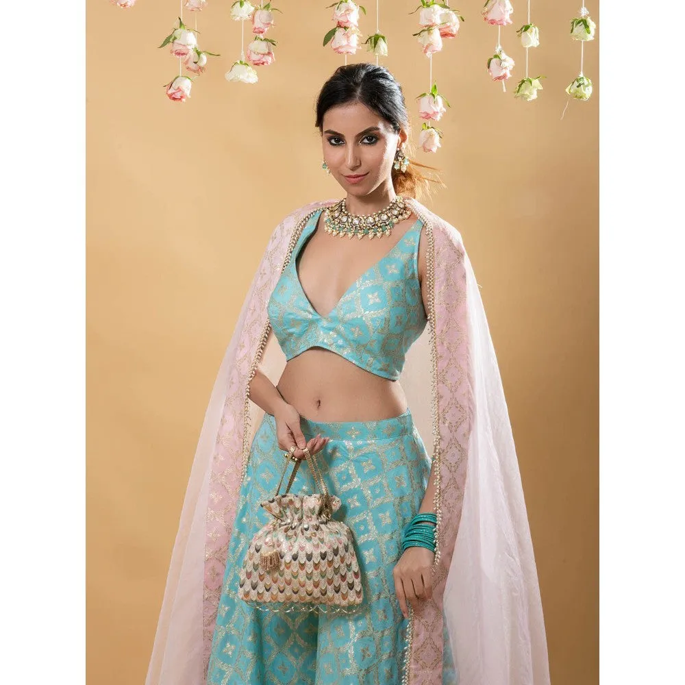 MONK & MEI Nitya Brocade Sharara with Blouse & Dupatta-Powder Blue (Set of 3)
