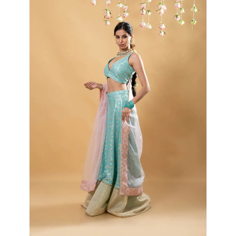MONK & MEI Nitya Brocade Sharara with Blouse & Dupatta-Powder Blue (Set of 3)