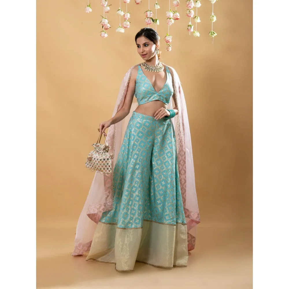MONK & MEI Nitya Brocade Sharara with Blouse & Dupatta-Powder Blue (Set of 3)