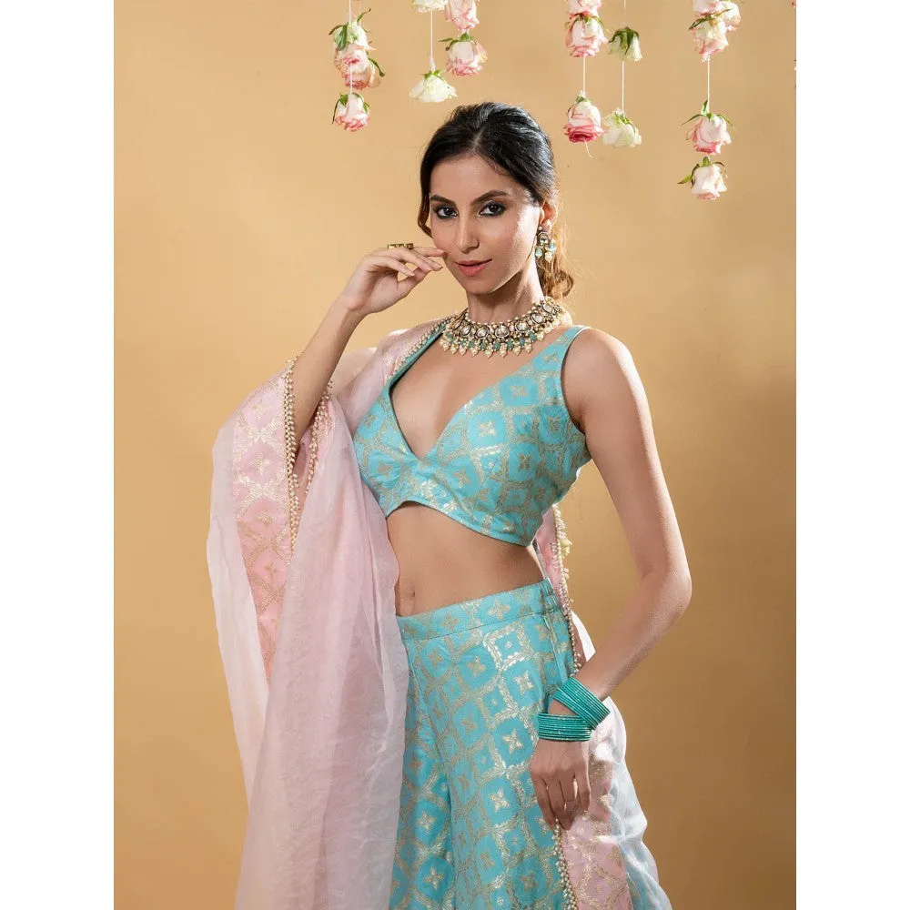 MONK & MEI Nitya Brocade Sharara with Blouse & Dupatta-Powder Blue (Set of 3)