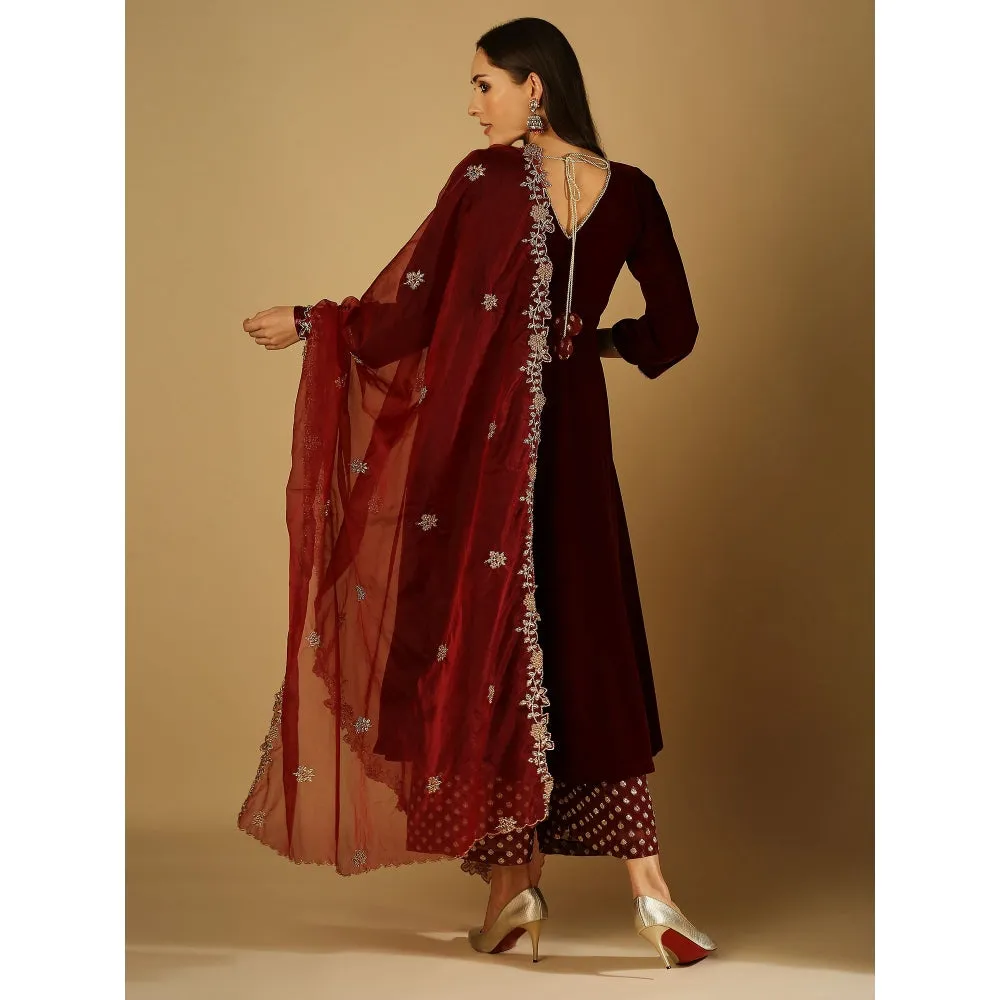 Monk & Mei Zareen-Long Kurta And Palazzo With Dupatta-Maroon (Set Of 3)