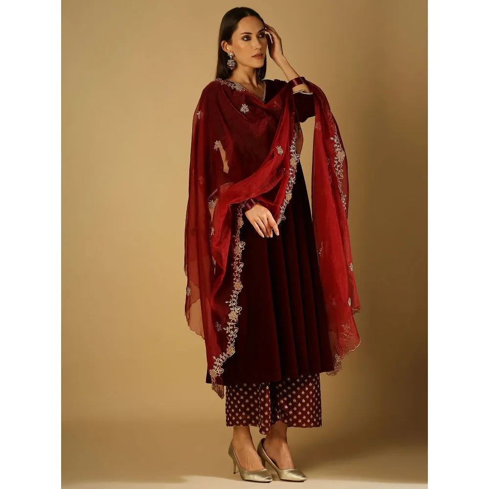 Monk & Mei Zareen-Long Kurta And Palazzo With Dupatta-Maroon (Set Of 3)