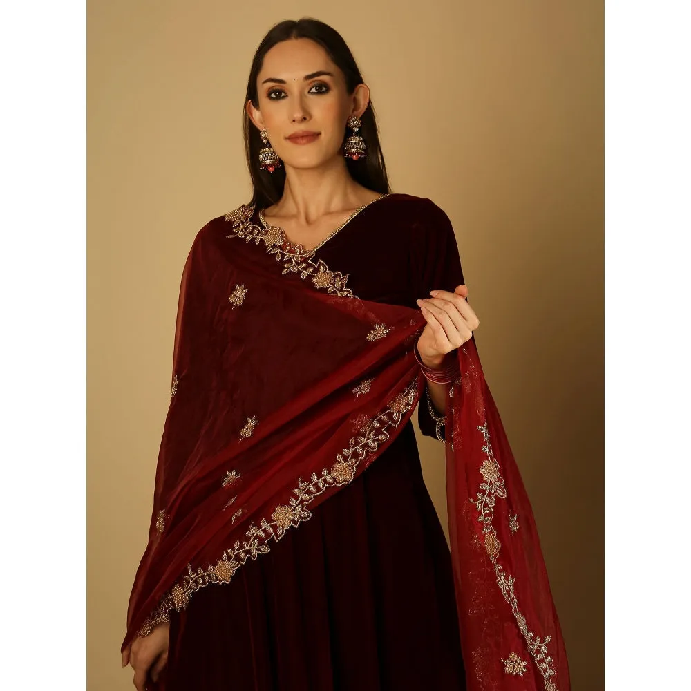 Monk & Mei Zareen-Long Kurta And Palazzo With Dupatta-Maroon (Set Of 3)