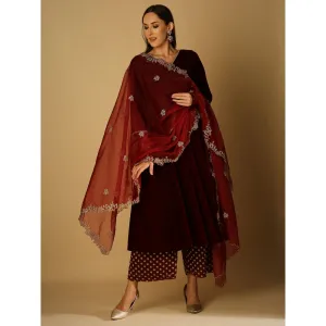 Monk & Mei Zareen-Long Kurta And Palazzo With Dupatta-Maroon (Set Of 3)