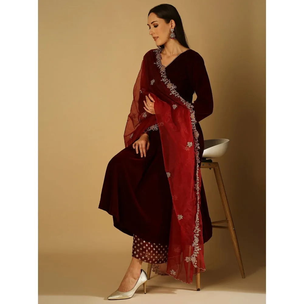 Monk & Mei Zareen-Long Kurta And Palazzo With Dupatta-Maroon (Set Of 3)