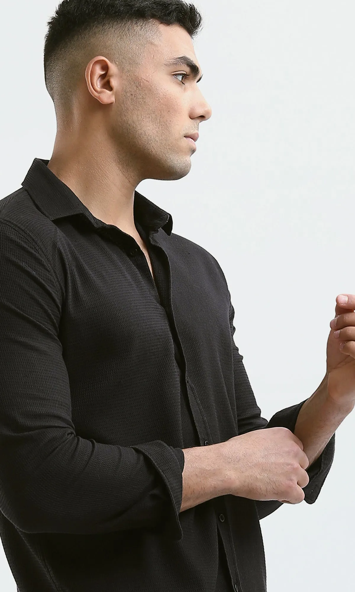 O178989 Cotton Long Sleeves Black Patterned Shirt