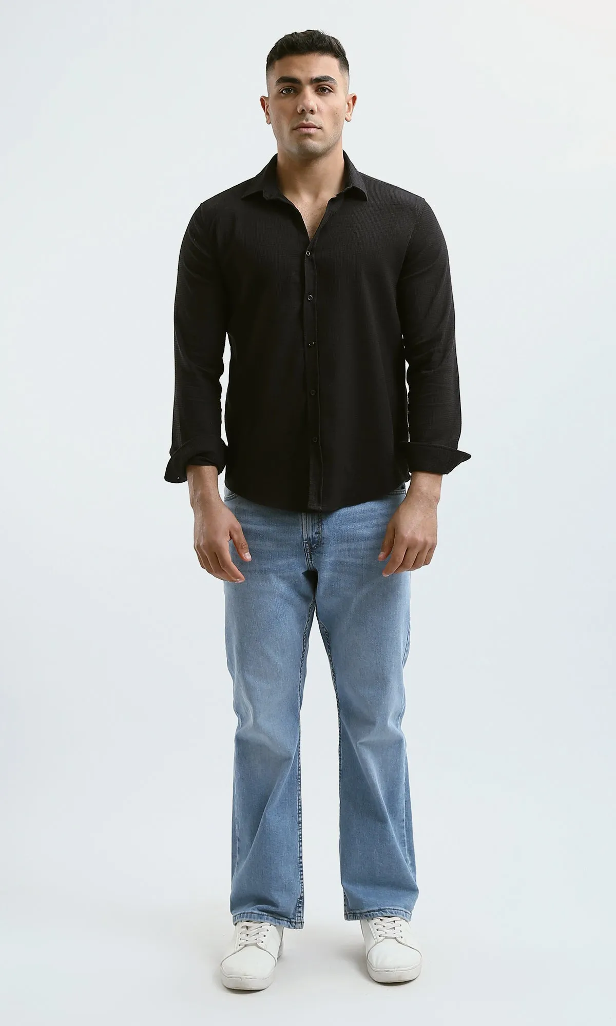 O178989 Cotton Long Sleeves Black Patterned Shirt