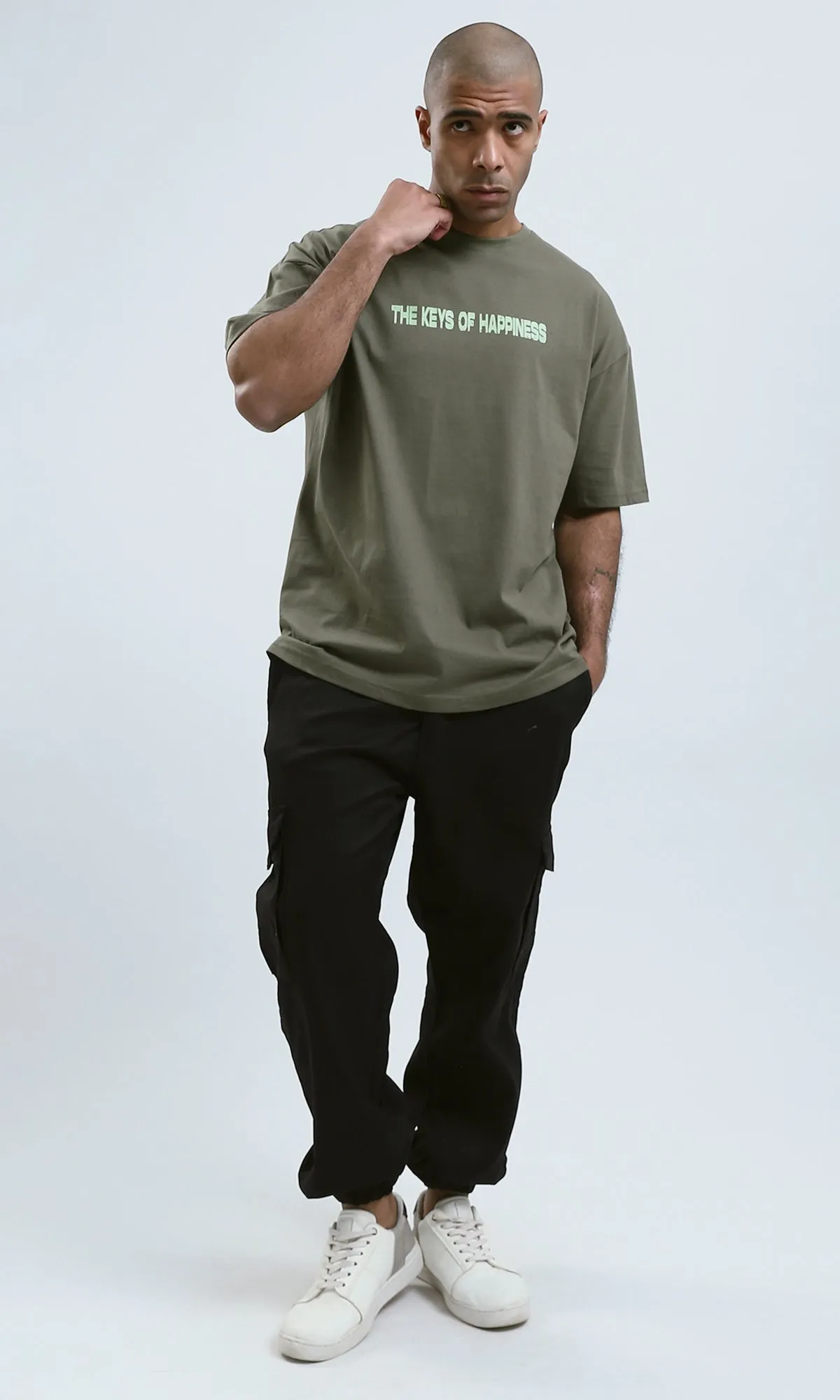 o182910 - Front & Back Print Elbow Sleeves Cotton Tee - Khaki