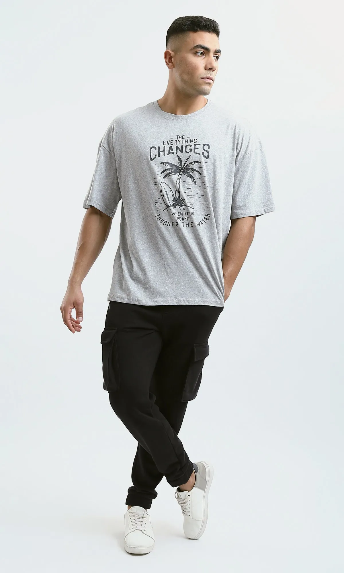 O182913 Slip On Round Neck Heather Grey Printed Tee