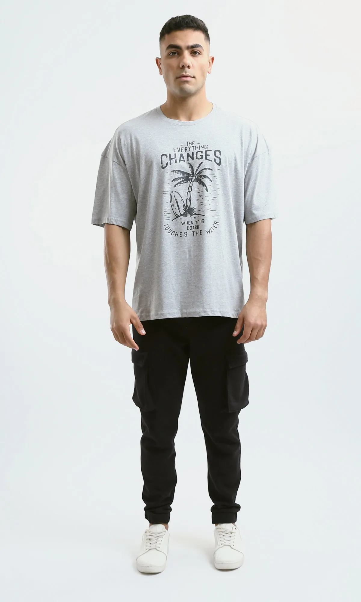 O182913 Slip On Round Neck Heather Grey Printed Tee