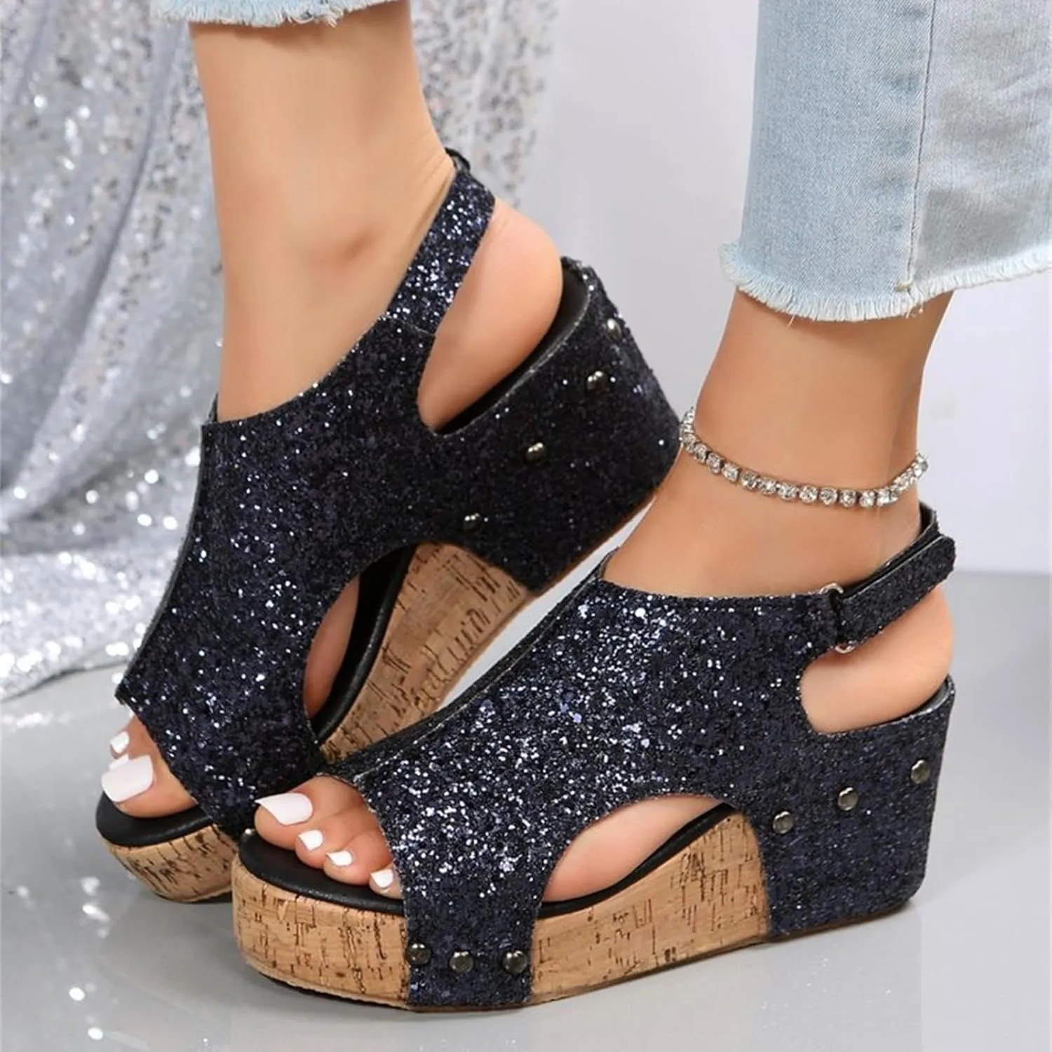Platform Sandals Women Dressy Comfy Open Toe Slip on Elastic Ankle Strap Wedges Sandals Sparkly Glitter Summer Dress Shoes