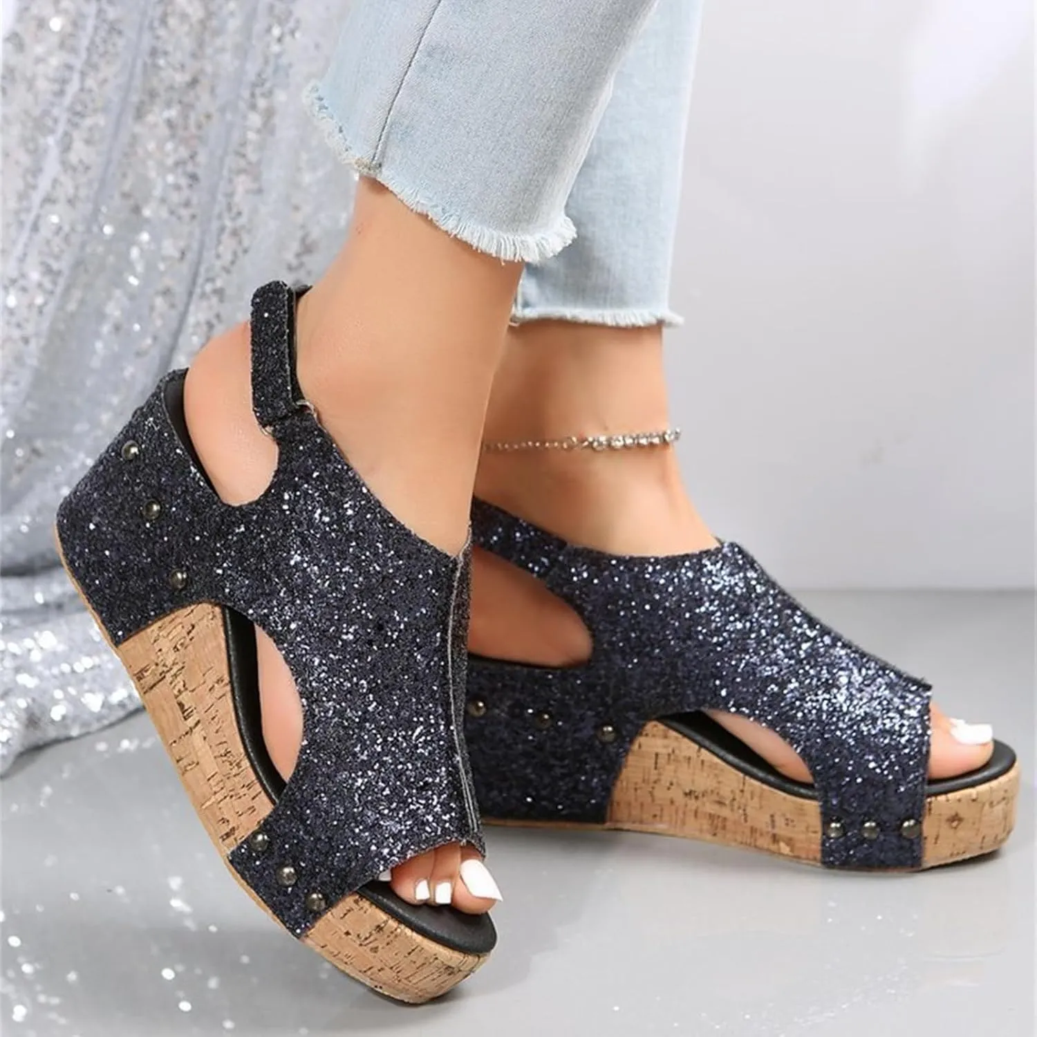 Platform Sandals Women Dressy Comfy Open Toe Slip on Elastic Ankle Strap Wedges Sandals Sparkly Glitter Summer Dress Shoes