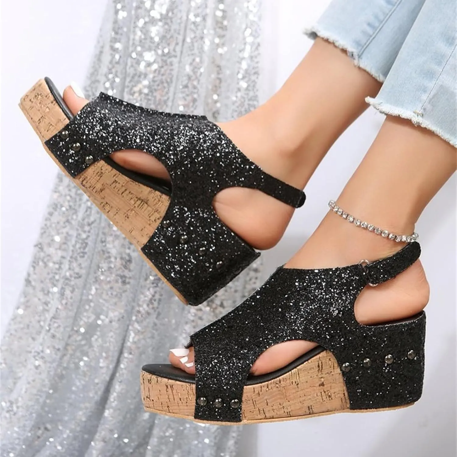 Platform Sandals Women Dressy Comfy Open Toe Slip on Elastic Ankle Strap Wedges Sandals Sparkly Glitter Summer Dress Shoes