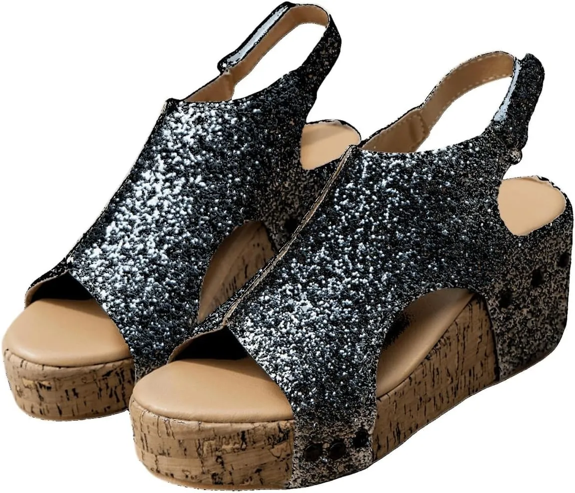 Platform Sandals Women Dressy Comfy Open Toe Slip on Elastic Ankle Strap Wedges Sandals Sparkly Glitter Summer Dress Shoes