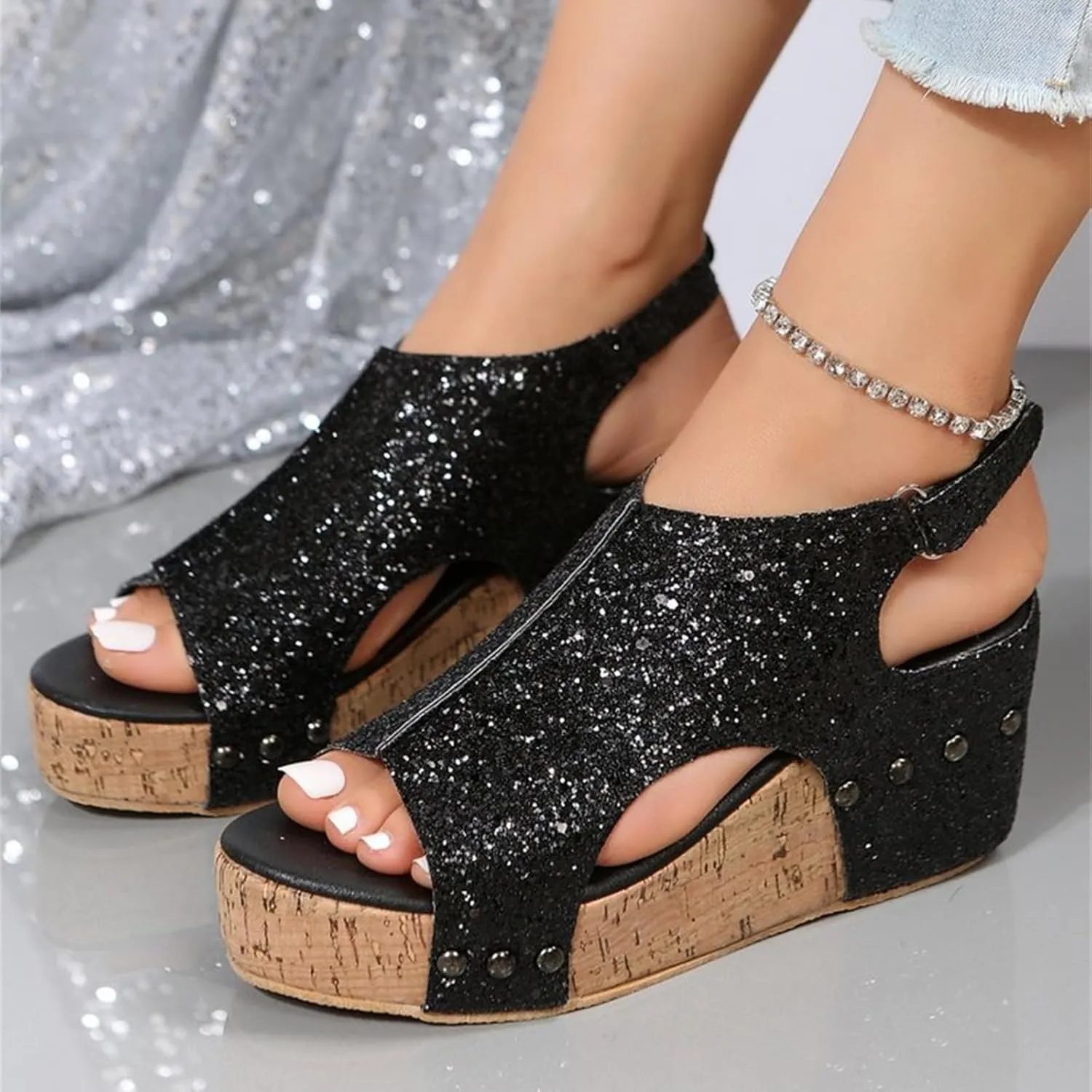 Platform Sandals Women Dressy Comfy Open Toe Slip on Elastic Ankle Strap Wedges Sandals Sparkly Glitter Summer Dress Shoes