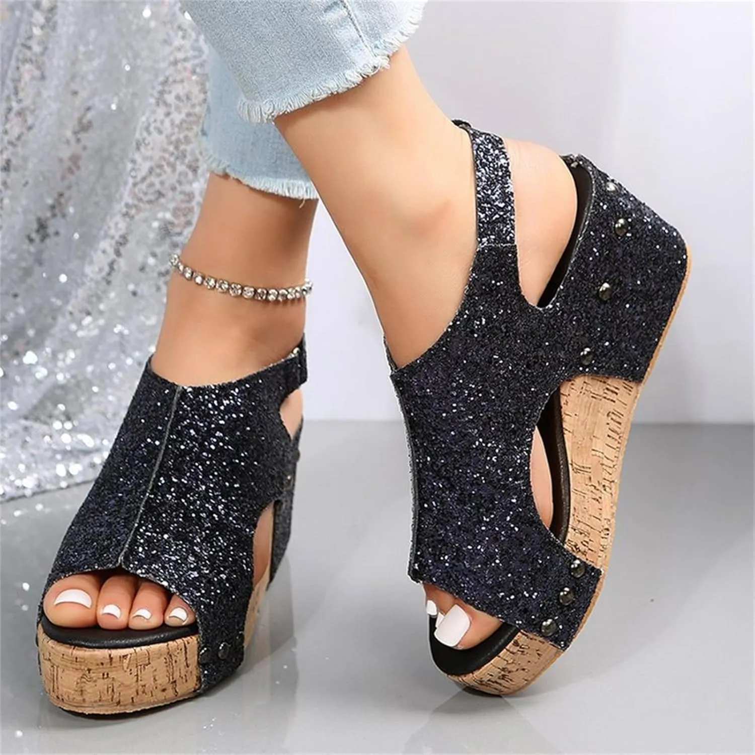Platform Sandals Women Dressy Comfy Open Toe Slip on Elastic Ankle Strap Wedges Sandals Sparkly Glitter Summer Dress Shoes
