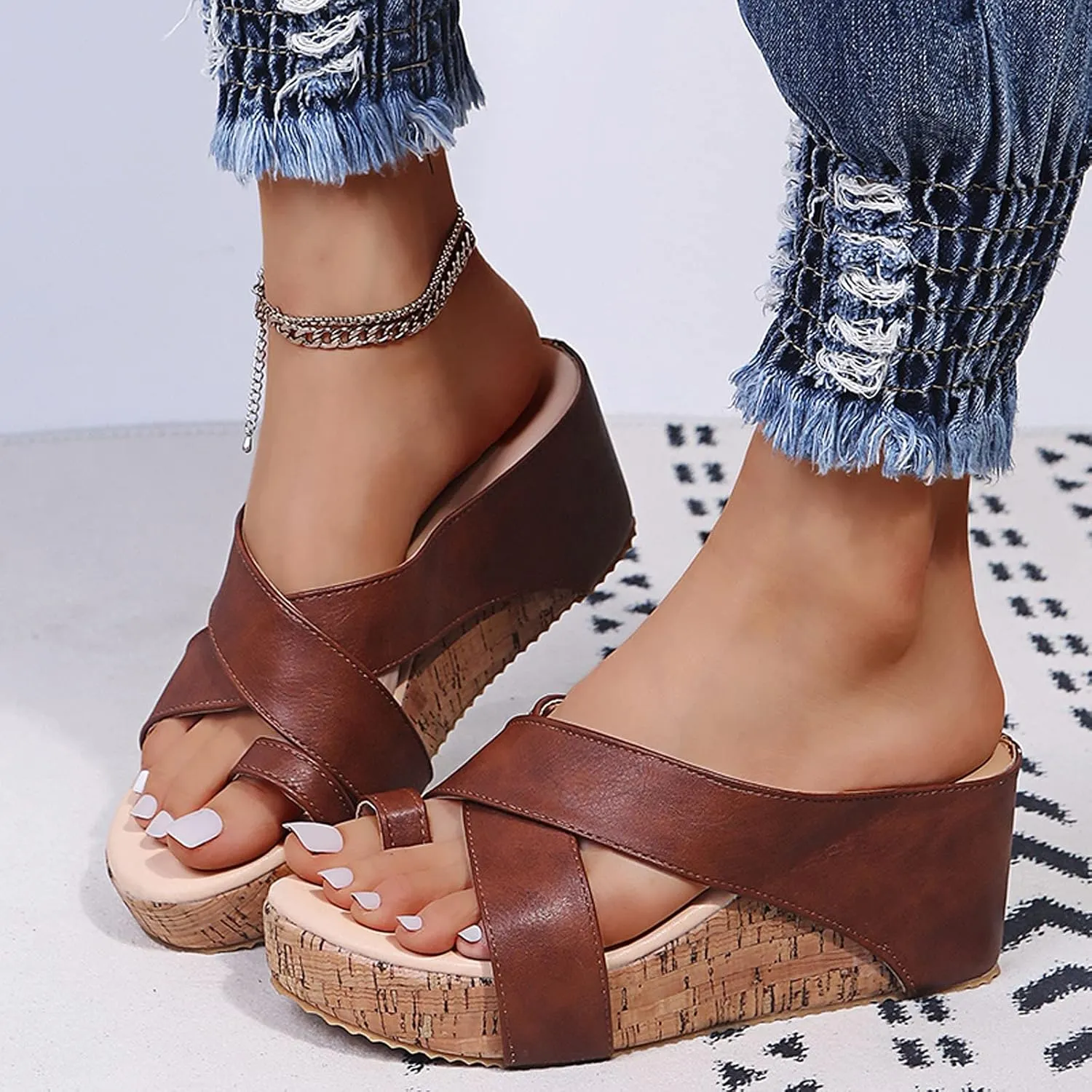 Sandals for Women Dress Beach Solid Breathable Sandals Wedges Shoes Color Slip-On Toe Casual Open Bridal Shoes Rose