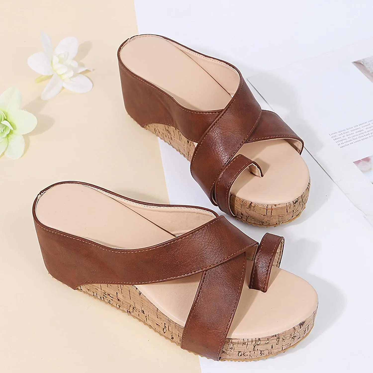 Sandals for Women Dress Beach Solid Breathable Sandals Wedges Shoes Color Slip-On Toe Casual Open Bridal Shoes Rose