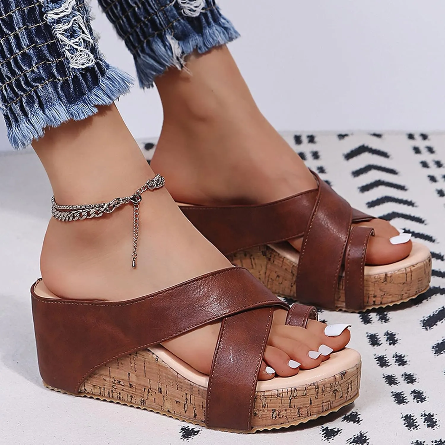 Sandals for Women Dress Beach Solid Breathable Sandals Wedges Shoes Color Slip-On Toe Casual Open Bridal Shoes Rose