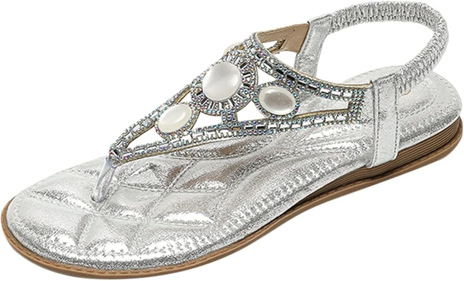 Sandals for Women Rhinestone Boho Sandals T-Strap Beaded Flower Flat Sandal Dress Beach Flip Flops Vacation Shoes