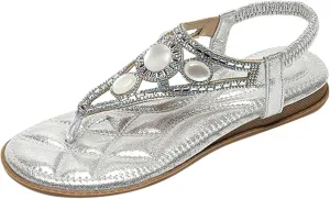 Sandals for Women Rhinestone Boho Sandals T-Strap Beaded Flower Flat Sandal Dress Beach Flip Flops Vacation Shoes