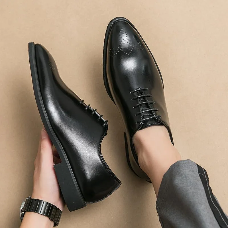Santimon Mens Classic Oxford Dress Shoes Leather Lace-Up Formal Shoes, Elegant Perforated Toe Business Footwear for Weddings, Office, Formal Black/Brown