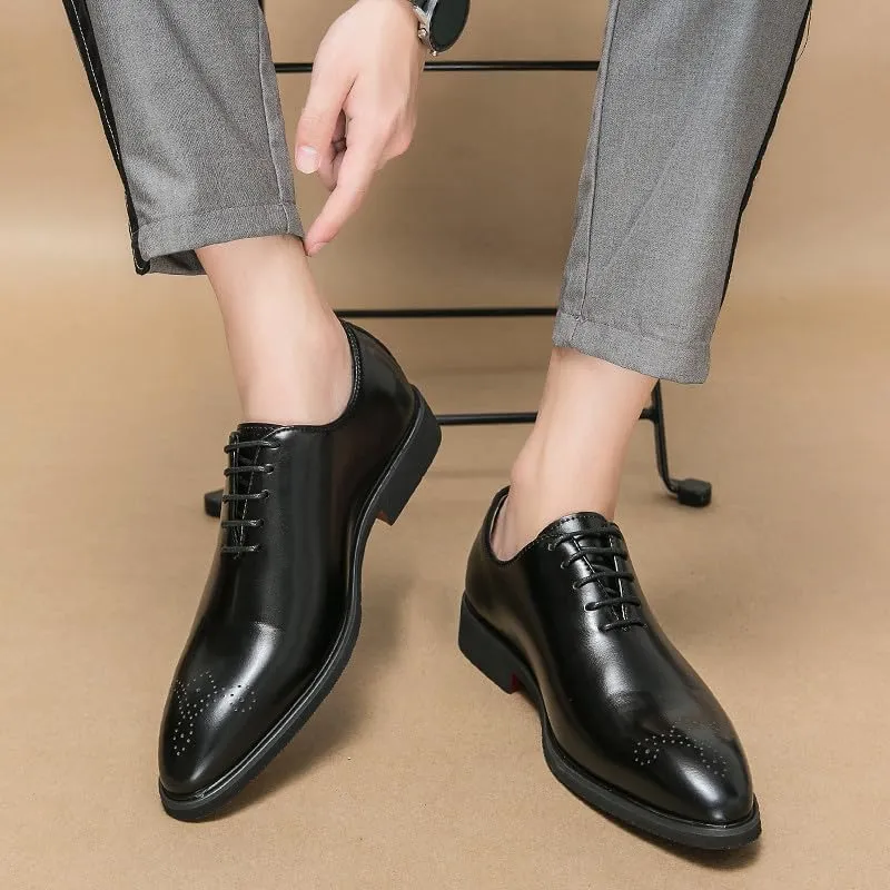 Santimon Mens Classic Oxford Dress Shoes Leather Lace-Up Formal Shoes, Elegant Perforated Toe Business Footwear for Weddings, Office, Formal Black/Brown