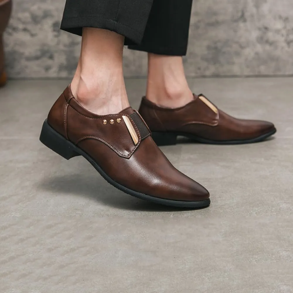 Santimon Mens Slip-On Formal Dress Shoes Leather Business Loafers with Elastic Side Panels, Comfortable Wedding Party Footwear for Office, Events, Casual Black/Brown