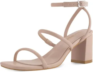 Shoe'N Tale Strappy Heels for Women Ankle Buckle Chunky Heels Square Toe Heeled Sandals