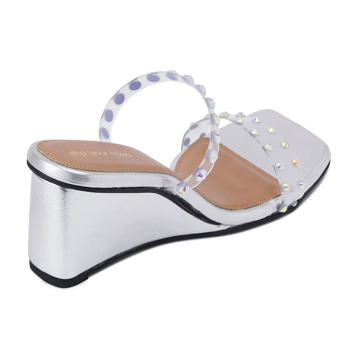 Silver Studded Twin Strap Wedges