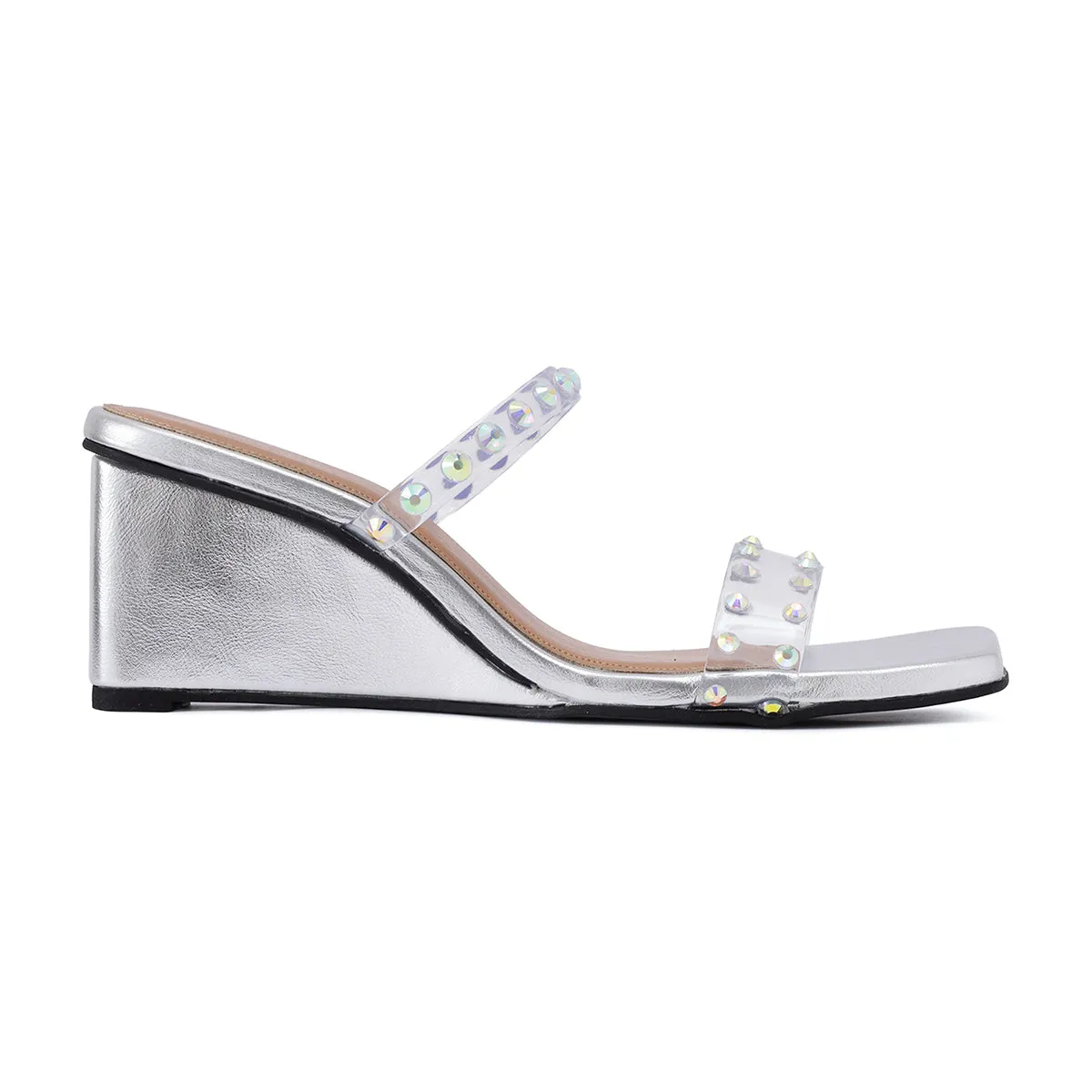 Silver Studded Twin Strap Wedges