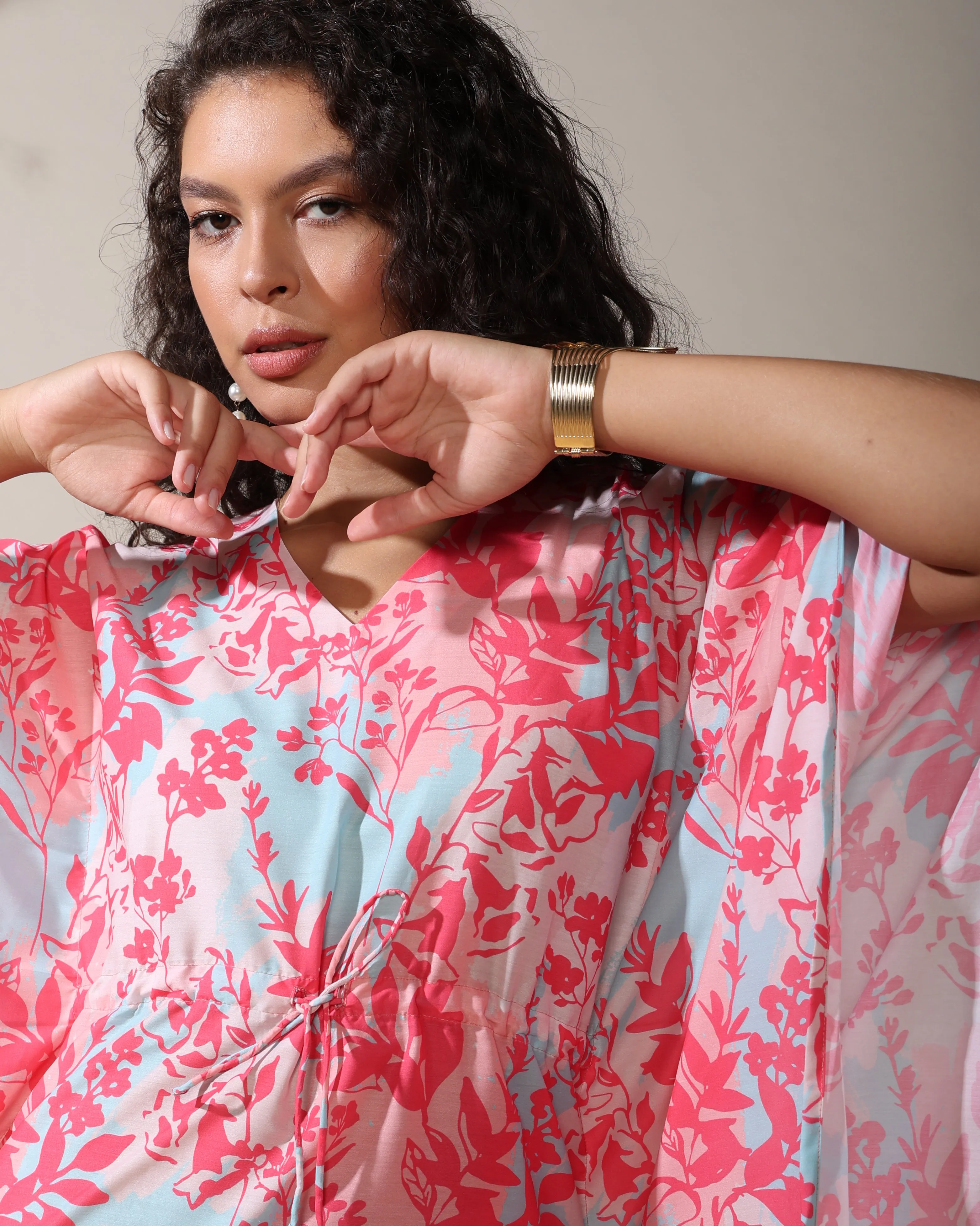 Sky pink blue cotton muslin Long kaftan dress