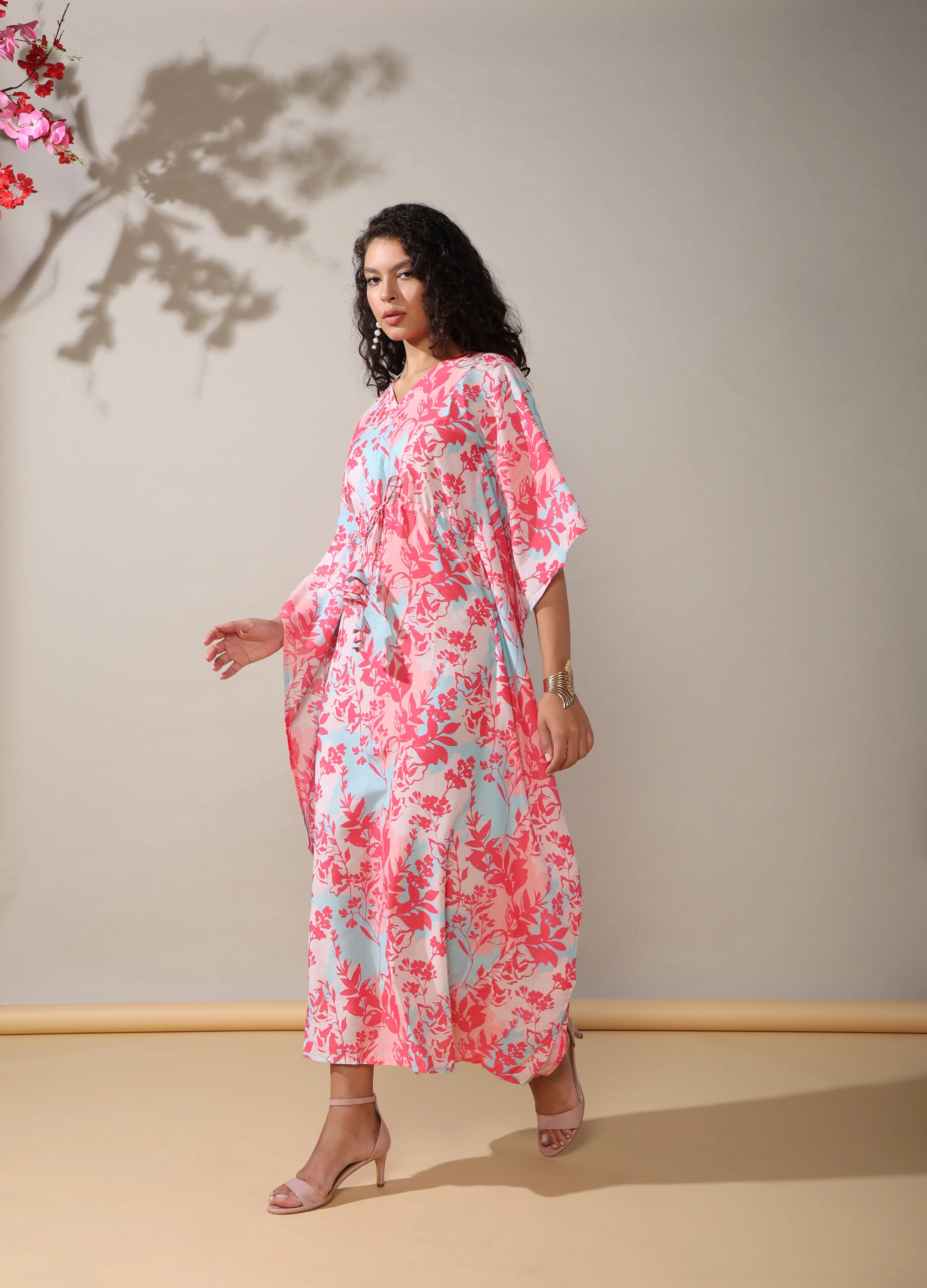 Sky pink blue cotton muslin Long kaftan dress