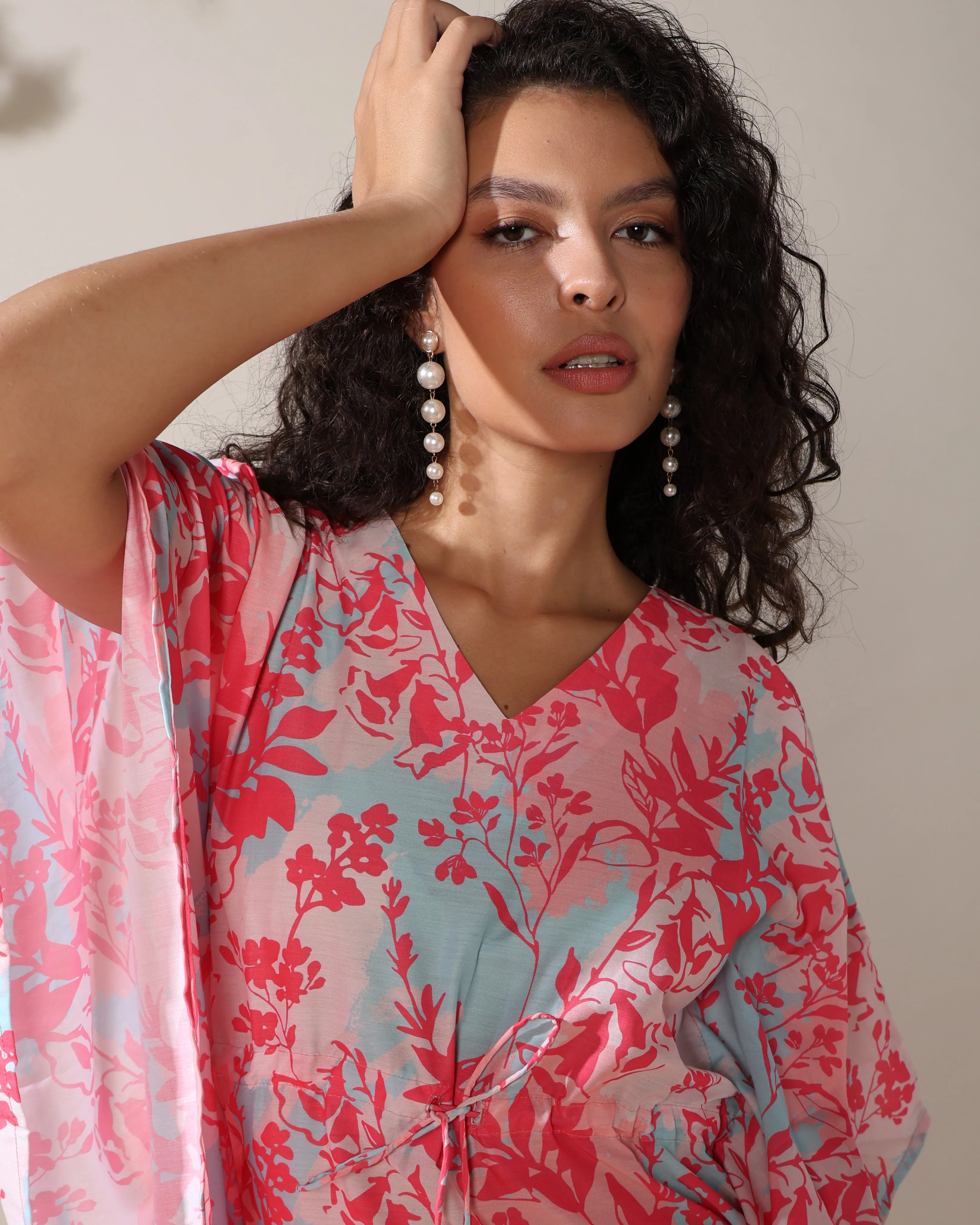 Sky pink blue cotton muslin Long kaftan dress