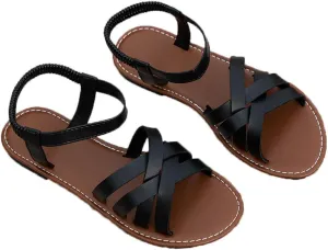 Strappy Sandals for Women 2025 Leather Crisscross Strap Vamp Shoes Open Toe Slip-On Shoes Comfortable Elastic Ankle Strap Flat Beach Outdoor Roman Summer Sandals