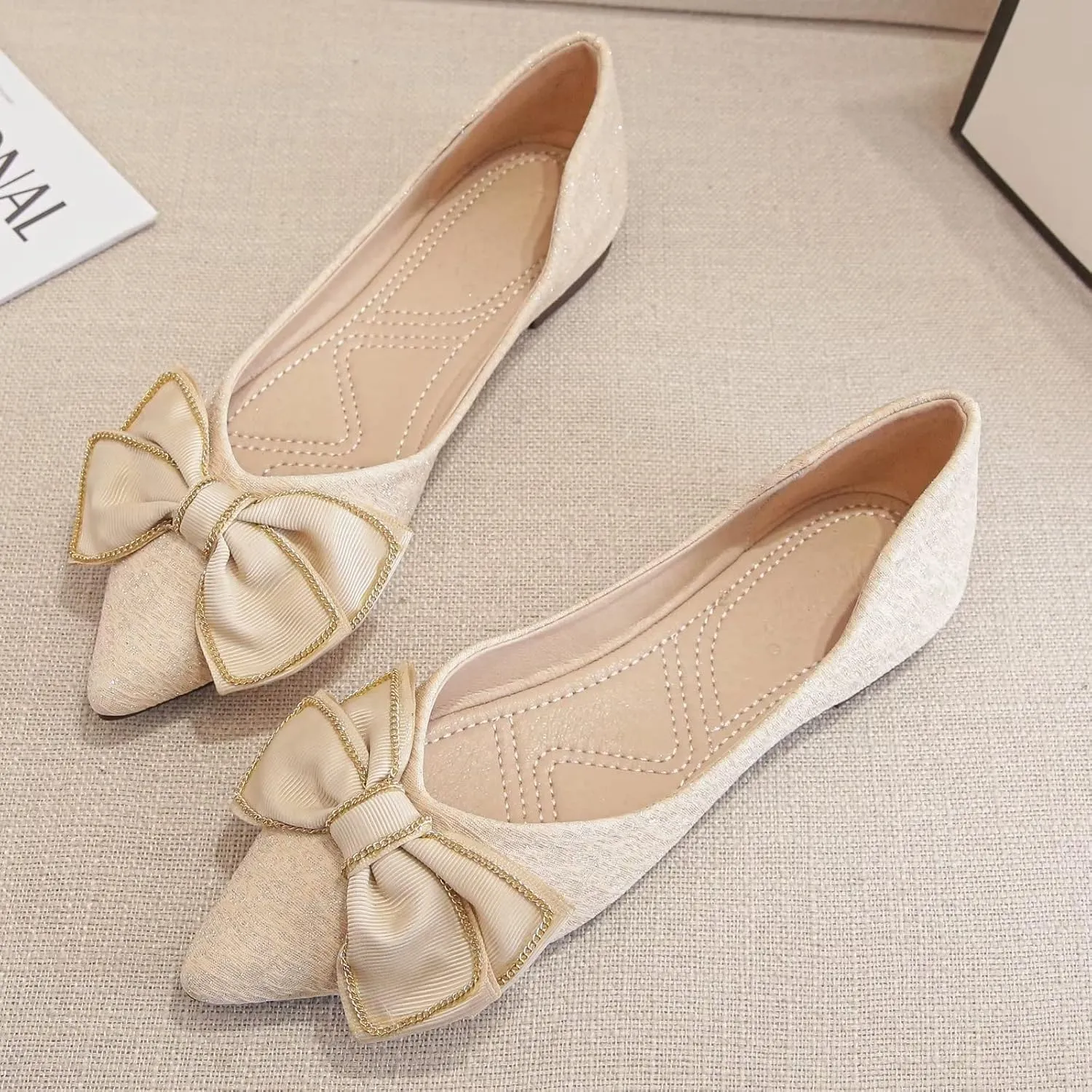 Stunner Bowknot Ballet Flats for Women Cute Bowtie Slip on Pointy Toe Rhinestone Dress Flat Shoes Loarfers