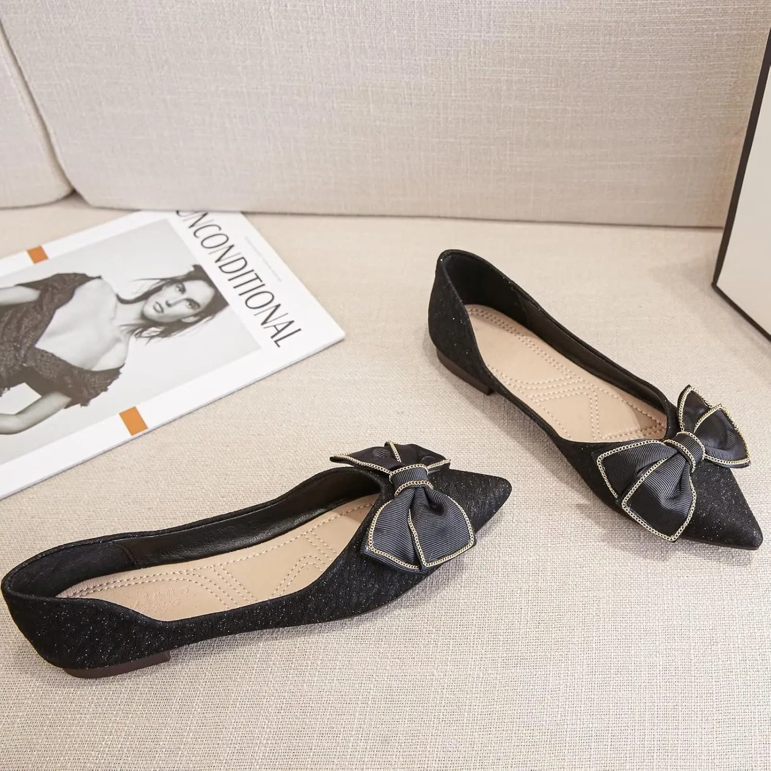 Stunner Bowknot Ballet Flats for Women Cute Bowtie Slip on Pointy Toe Rhinestone Dress Flat Shoes Loarfers