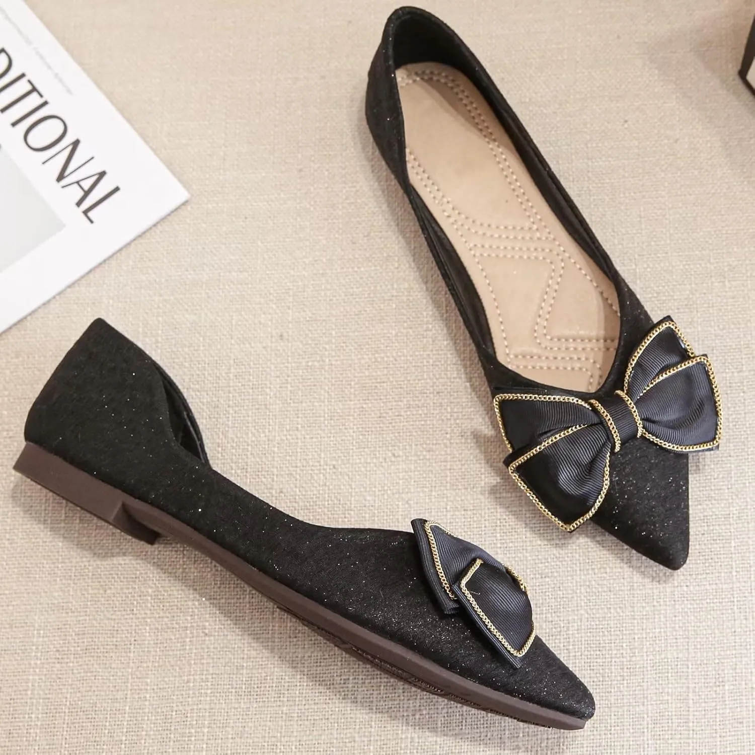 Stunner Bowknot Ballet Flats for Women Cute Bowtie Slip on Pointy Toe Rhinestone Dress Flat Shoes Loarfers