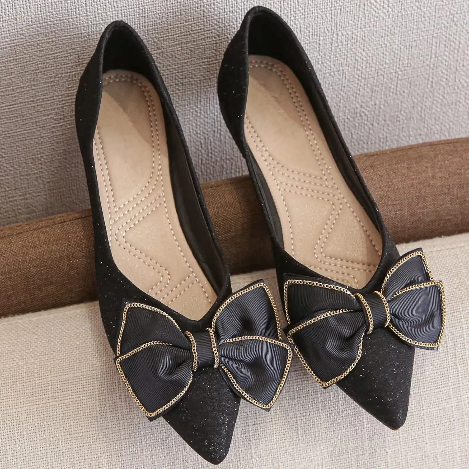 Stunner Bowknot Ballet Flats for Women Cute Bowtie Slip on Pointy Toe Rhinestone Dress Flat Shoes Loarfers