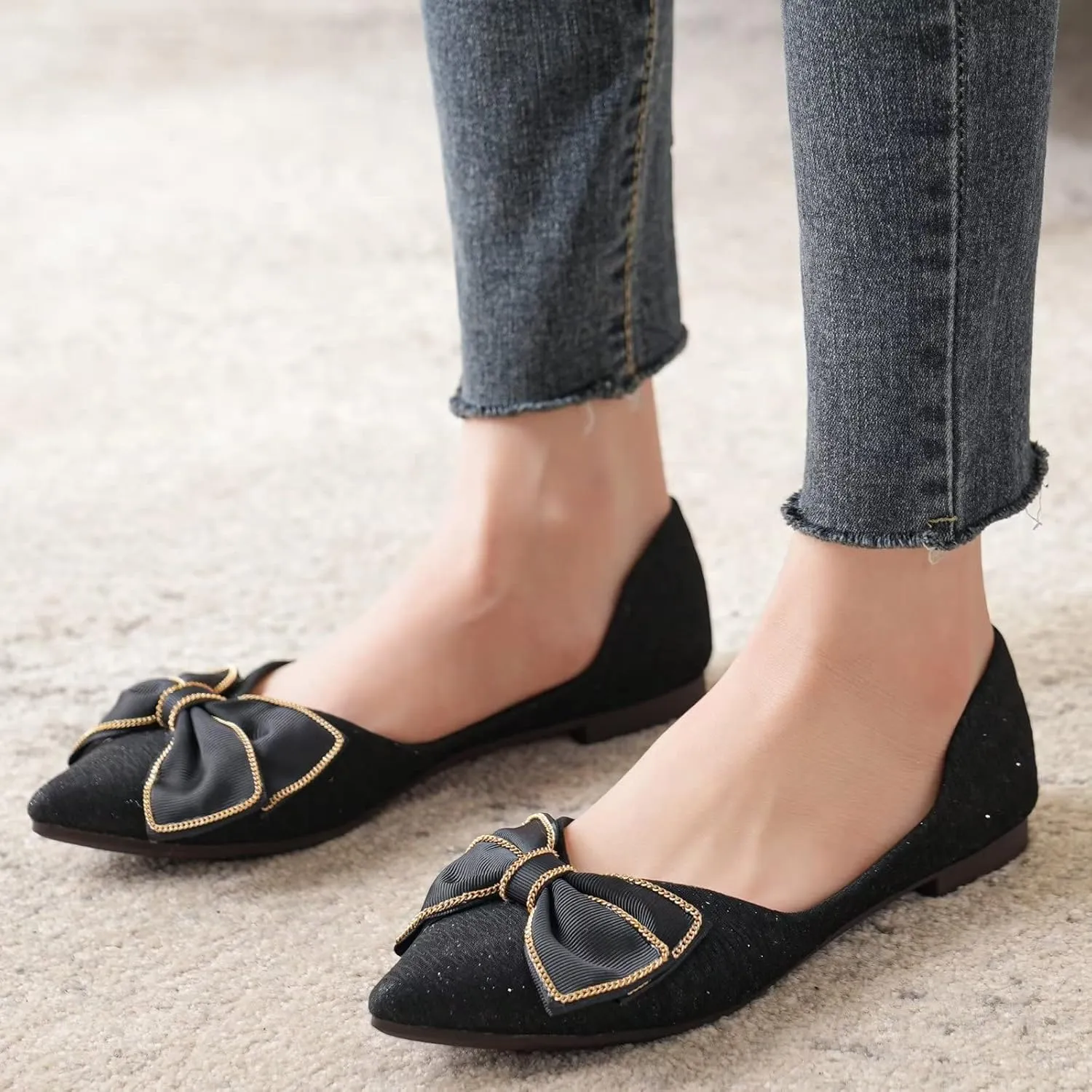 Stunner Bowknot Ballet Flats for Women Cute Bowtie Slip on Pointy Toe Rhinestone Dress Flat Shoes Loarfers