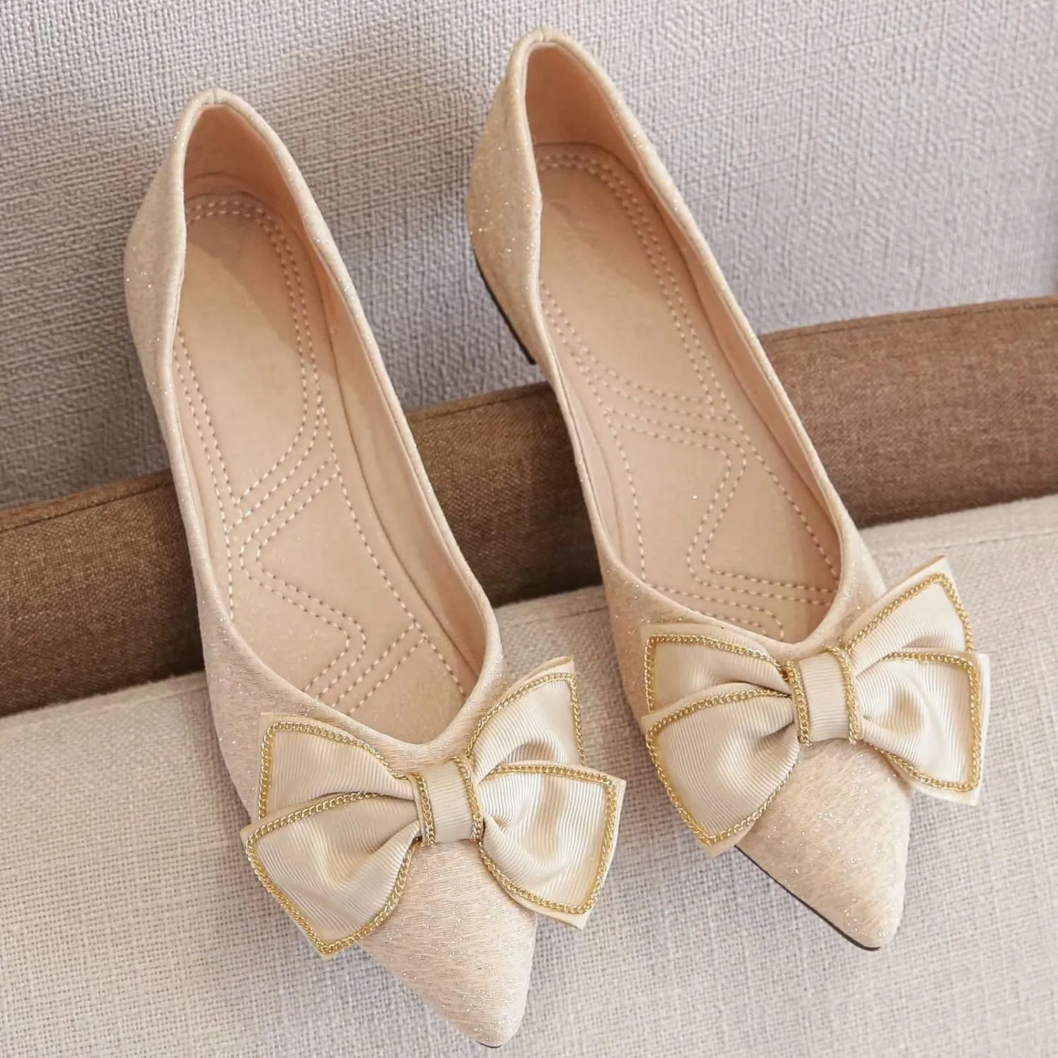 Stunner Bowknot Ballet Flats for Women Cute Bowtie Slip on Pointy Toe Rhinestone Dress Flat Shoes Loarfers