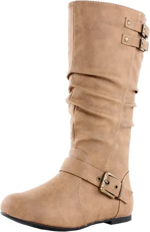 TOP Moda Night-76 Women's Mid Calf Round Toe Buckle Slouched Flat Boots