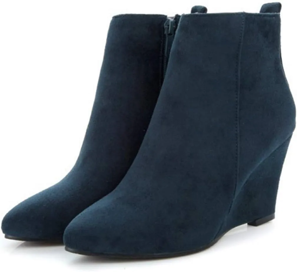 VOKLIN Women's Pointed Toe Chunky Wedge High Heel Ankle Boots Vegan Suede Side Zipper Dressy Short Booties