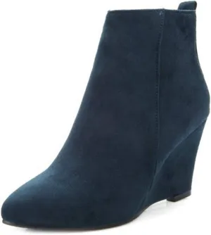 VOKLIN Women's Pointed Toe Chunky Wedge High Heel Ankle Boots Vegan Suede Side Zipper Dressy Short Booties