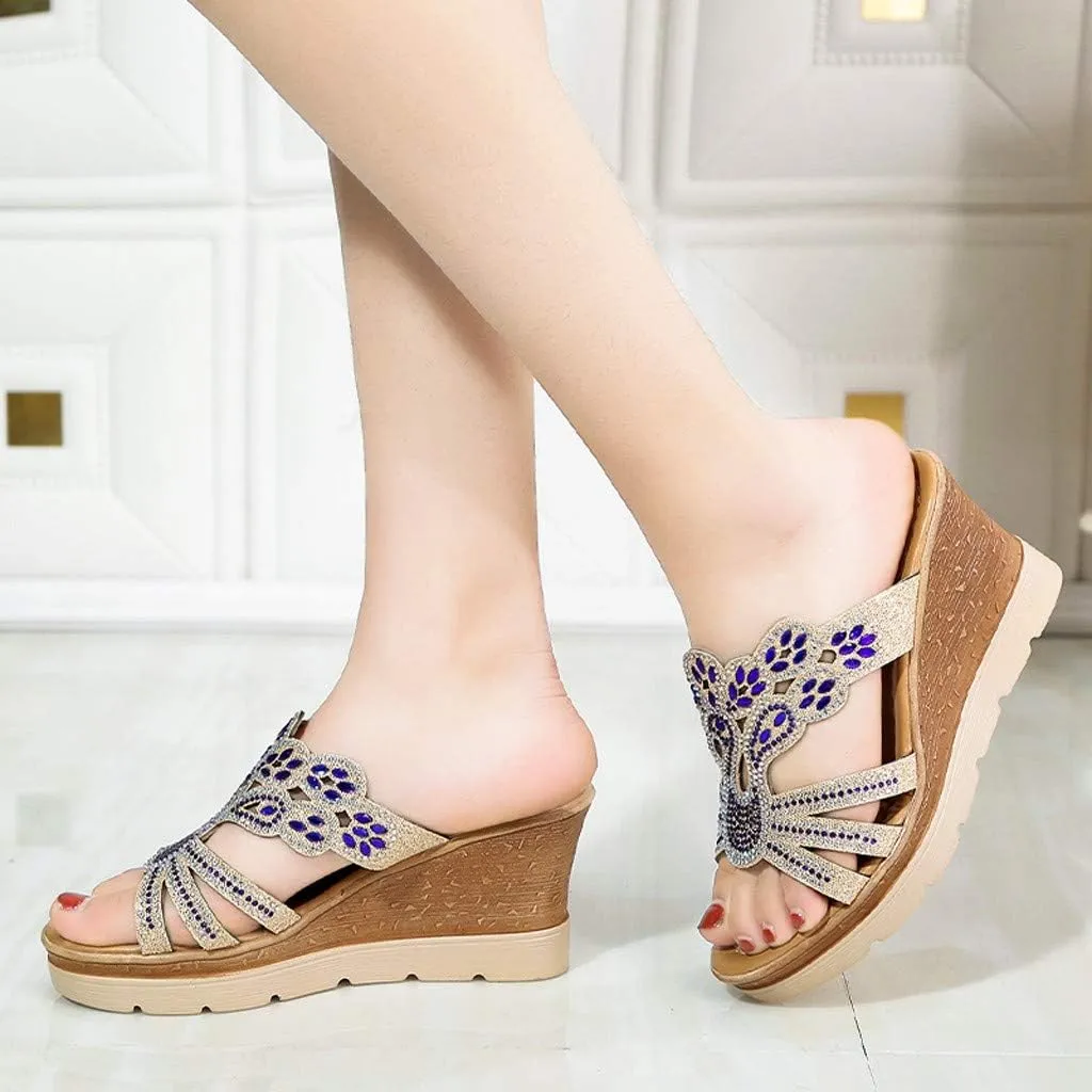 Wedge Sandals for Women Crystal Rhinestone Summer Slippers Patterned Handmade Sandals Platform Wedge Dress Slippers