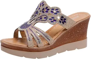 Wedge Sandals for Women Crystal Rhinestone Summer Slippers Patterned Handmade Sandals Platform Wedge Dress Slippers