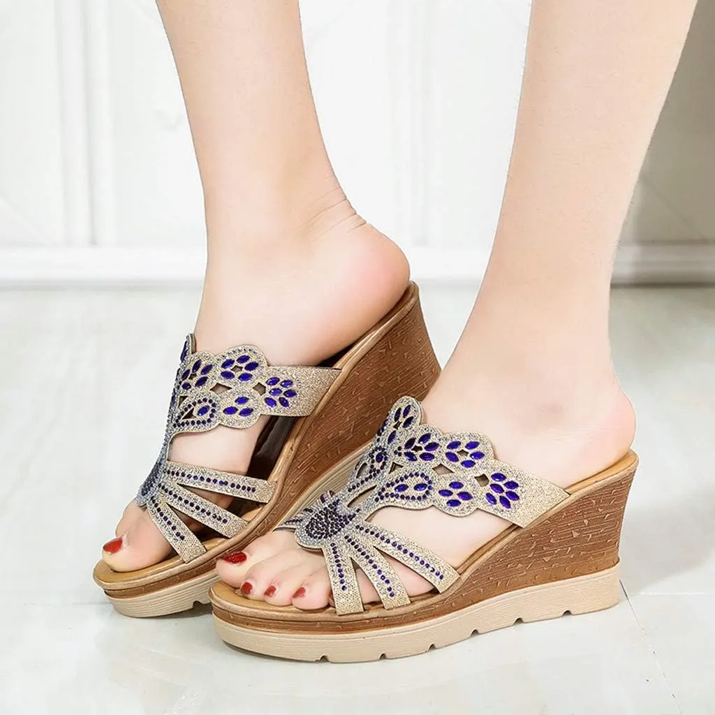 Wedge Sandals for Women Crystal Rhinestone Summer Slippers Patterned Handmade Sandals Platform Wedge Dress Slippers