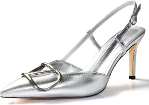 Women Heeled Slingback Sandals Closed Pointed Toe Stiletto High Heels Slip-On Buckle Pumps Backless Evening Prom Party Dress Shoes 5.5-12US