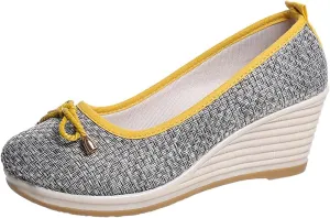 Women Wedge Pumps Closed Toe Low Heel Dress Shoes Slip On Wedges Shoes Casual Canvas for Women (Grey, 7.5)